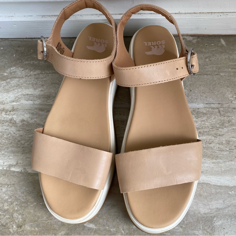 Sorel Summer Leather Dayspring Platform Sandal Buckle Tan White 10 Like New - Picture 2 of 9